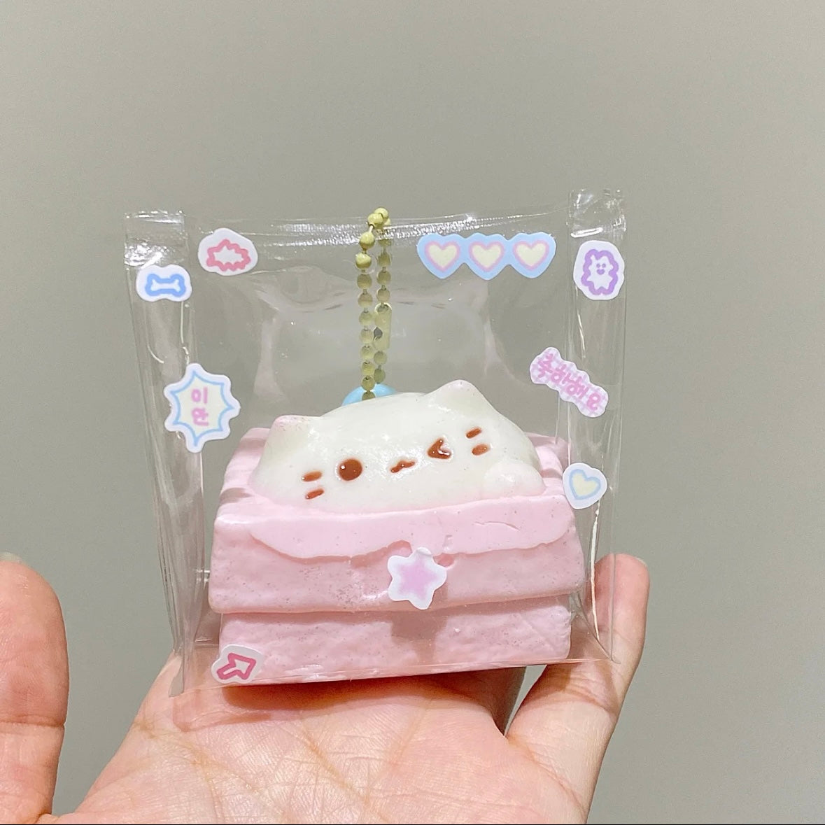 Cat in Pink Paper Bag Taba Squishy Squeeze Toy Bag Charm